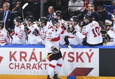 PARIS, FRANCE - MAY 18: Switzerland's Gaetan Haas #92 celebrates with his bench after scoring against Sweden during quarterfinal round action at the 2017 IIHF Ice Hockey World Championship. (Photo by Matt Zambonin/HHOF-IIHF Images)

